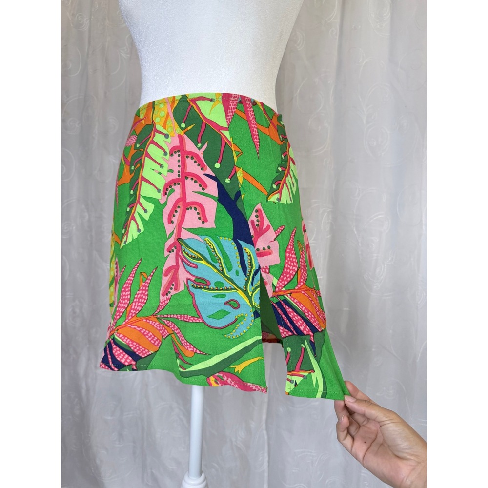 Olivaceous Tropical Print Mini Skirt Green Pink Monstera Leaf Rayon Small NWT - Picture 3 of 7
